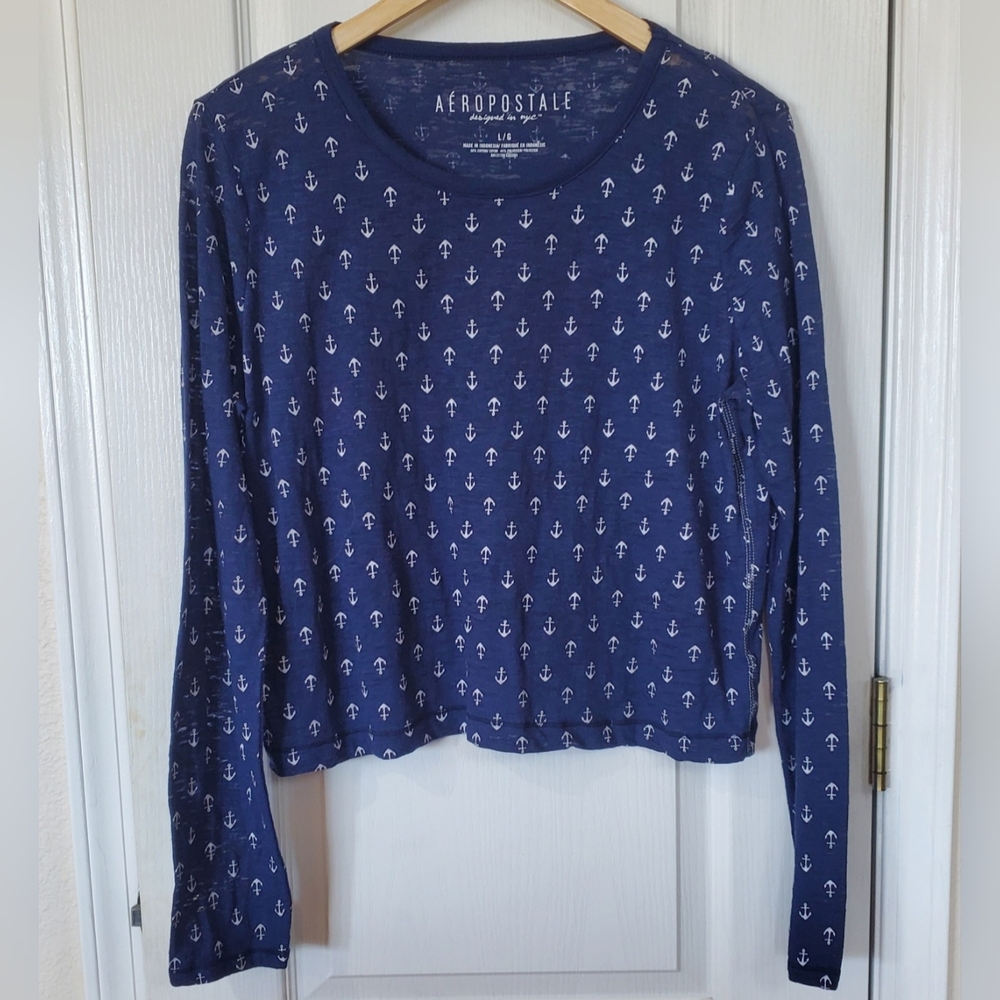 Aeropostale Blue Long Sleeve Ladies, Snoop Neck Top with Anchor Pattern Sz L